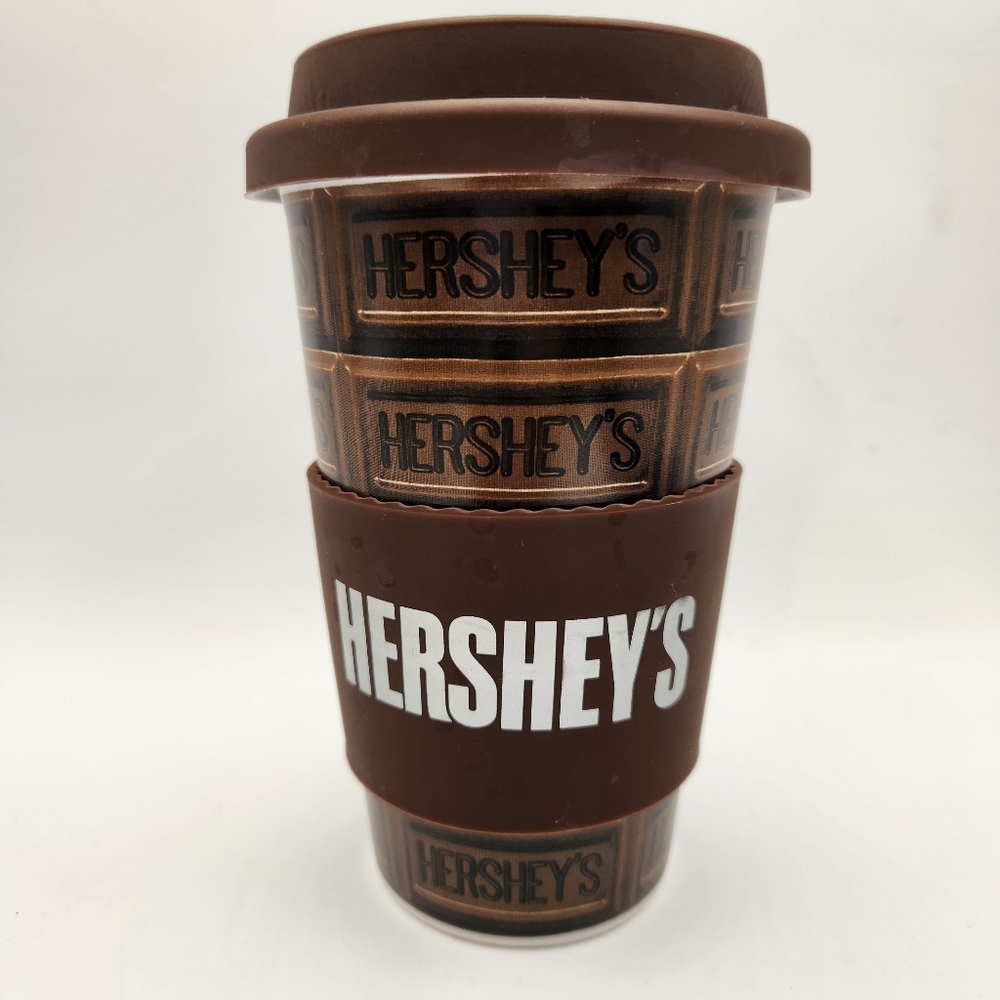 Hershey's Ceramic Travel Mug Cup, Silicone Lip, Band Sleeve Jacket, 14 oz